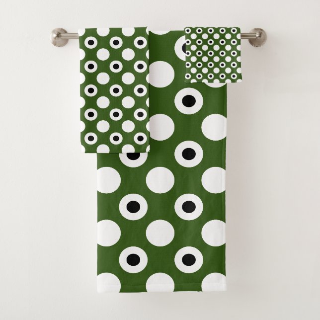 Polka Dot Pattern Forest Green Black White Bath Towel Set (Insitu)