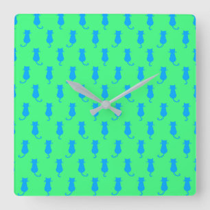 Polka Dot Pattern Pop Art Cat In Blue and Lime Square Wall Clock