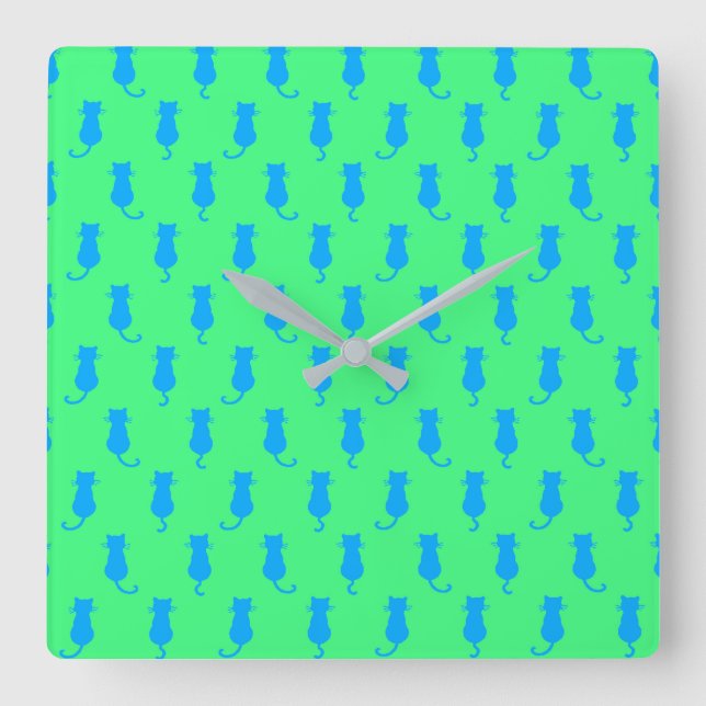 Polka Dot Pattern Pop Art Cat In Blue and Lime Square Wall Clock (Front)