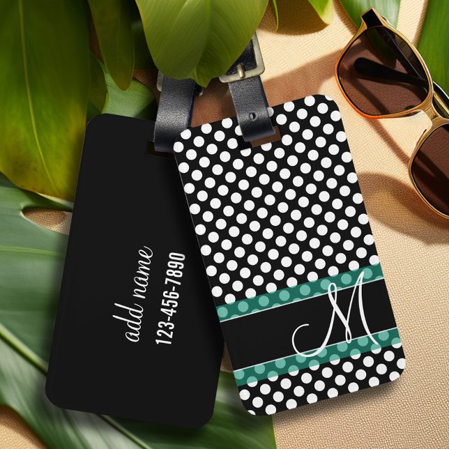 Polka Dot Pattern with Monogram Luggage Tag (Personalized luggage tag with retro flower pattern and monogram - add contact information on back)