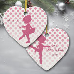 Polka Dot Pink Ballerina Ceramic Tree Decoration<br><div class="desc">This cute ornament for a young ballerina is adorable! It features a dark pink silhouette image of a tiny girl dancing in her tutu. Her name is written at the top left. The back has a second dancer image, and more text fields for you to customise. Both images are placed...</div>