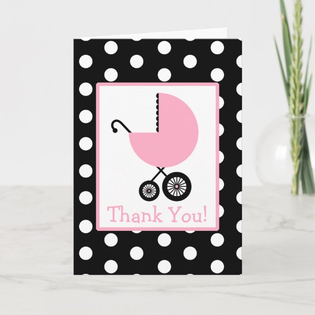 Polka Dot & Pink Carriage Baby Shower Thank You (Front)