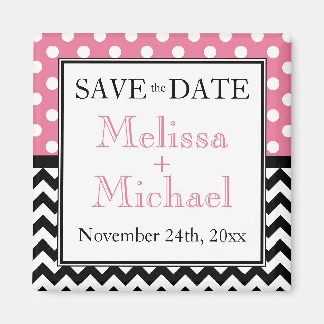 Polka Dot Pink & Chevron Save the Date Magnet (Front)