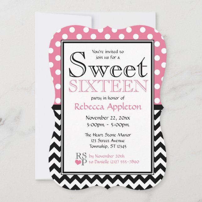 Polka Dot Pink & Chevron Sweet Sixteen Invitations (Front)