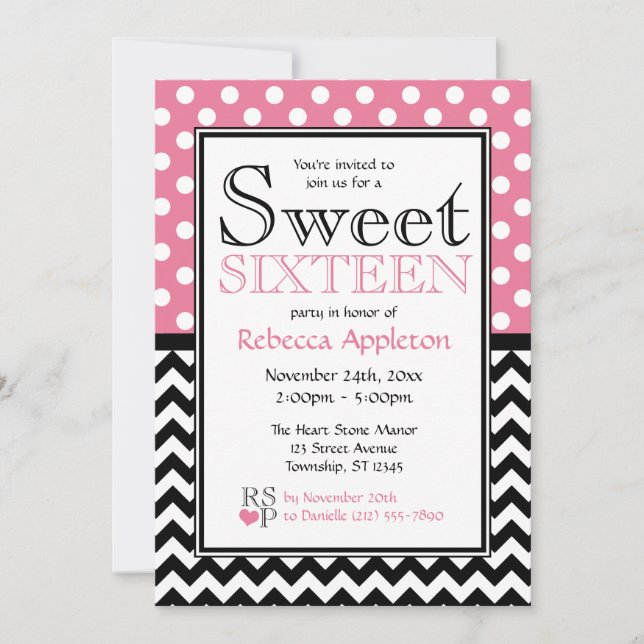 Polka Dot Pink & Chevron Sweet Sixteen Invitations (Front)