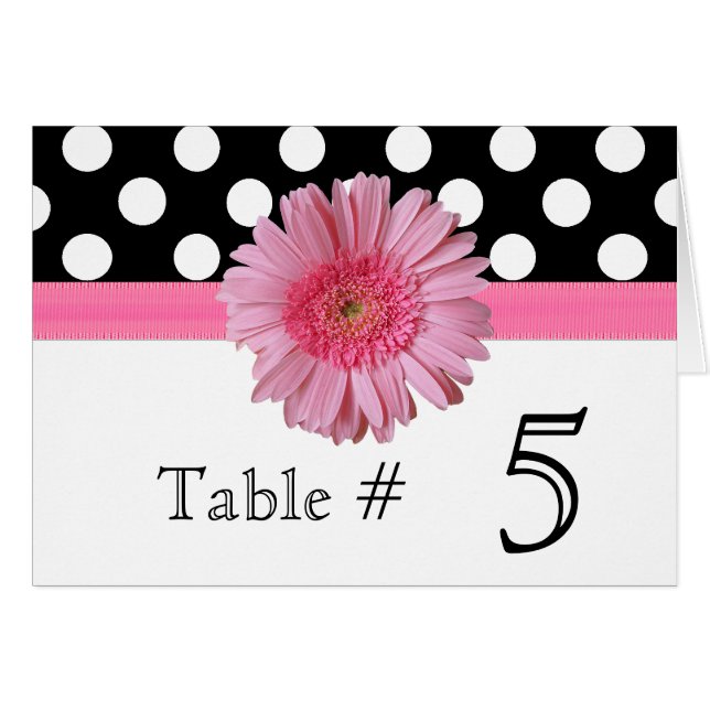 Polka Dot & Pink Gerber Daisy Wedding Table Number (Front Horizontal)