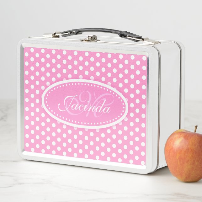 Polka dot pink girls name monogram lunch box (In Situ)