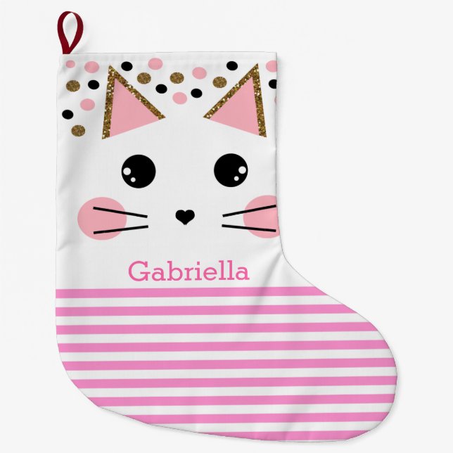Polka Dot Pink Gold Glitter Striped Cat Face Large Christmas Stocking (Front)