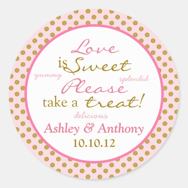Polka Dot Pink Gold White Candy Buffet Stickers (Front)