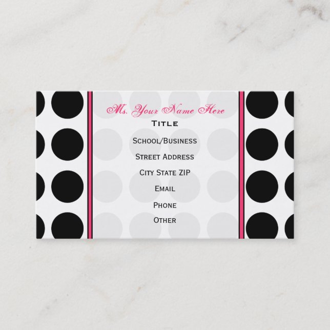 Polka Dot / Pink Teacher Fashion Business Card (Front)