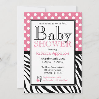 Polka Dot Pink & Zebra Print Baby Shower Invitation