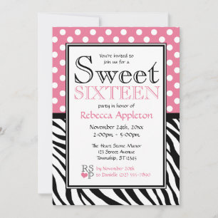 Polka Dot Pink & Zebra Print Sweet Sixteen Invitation