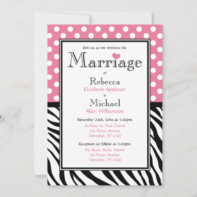 Polka Dot Pink & Zebra Print Wedding Invitations (Front)