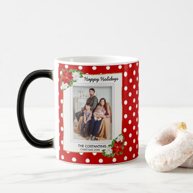 Polka Dot Poinsettia Photo Christmas Coffee Mug (With Donut)