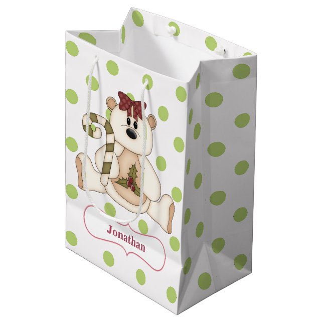 Polka Dot Polar Bear Personalised Christmas Medium Gift Bag (Front Angled)
