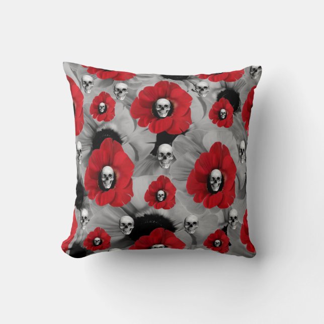 Polka dot poppies and skulls cushion (Front)