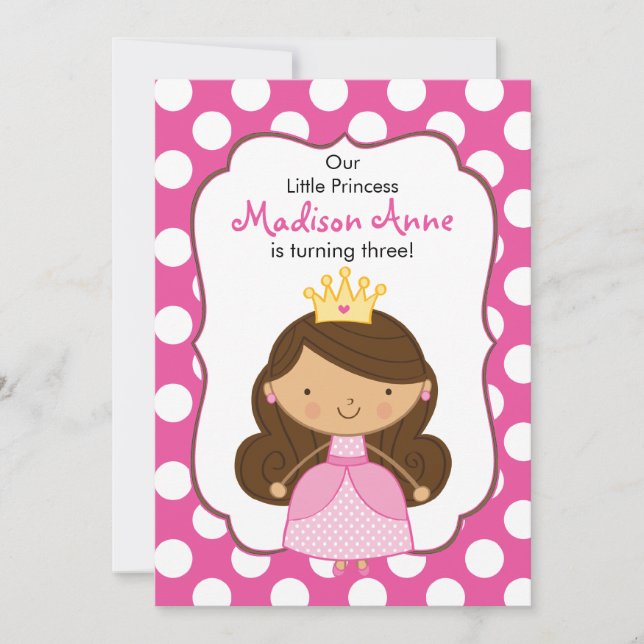 Polka Dot Princess Birthday Invitation Brunette (Front)