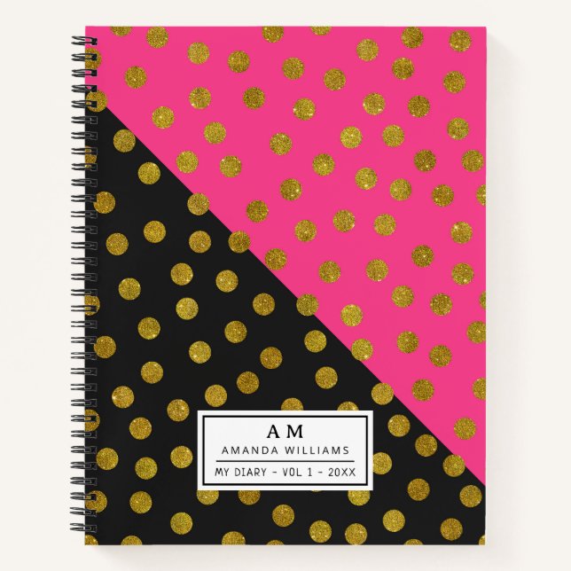 Polka dot print Pink Black Gold glitter Notebook (Front)