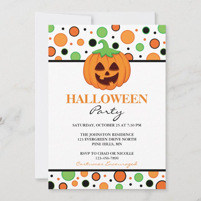 Polka Dot Pumpkin Halloween Party Invitations (Front)