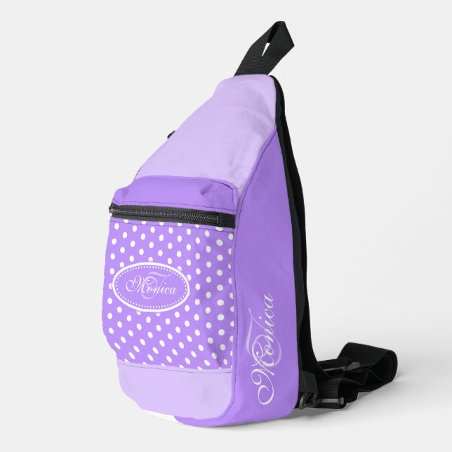Polka dot purple and white personalised  sling bag (Right Corner)