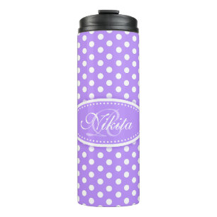 Polka dot purple and white personalised thermal tumbler