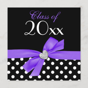 Polka Dot Purple Black Bow Heart Graduation Party Invitation