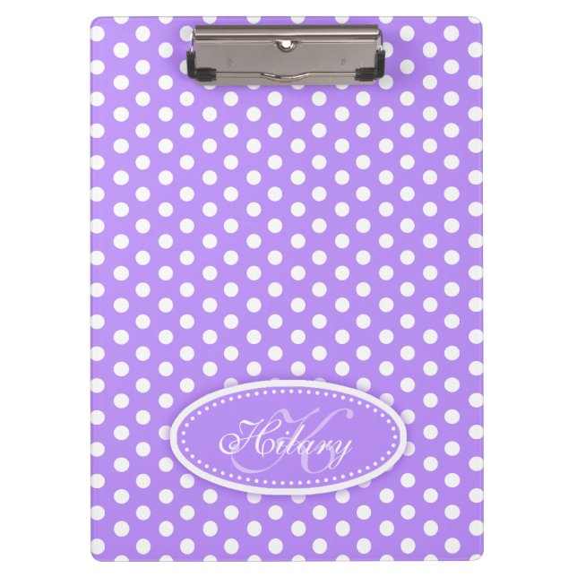 Polka dot purple custom name and initial clipboard (Front)