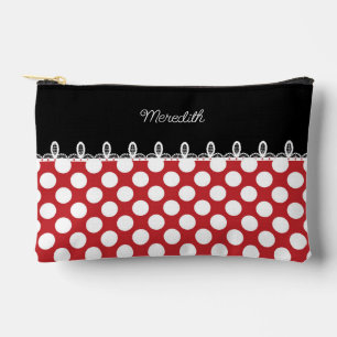 Polka dot red and black with custom name accessory pouch