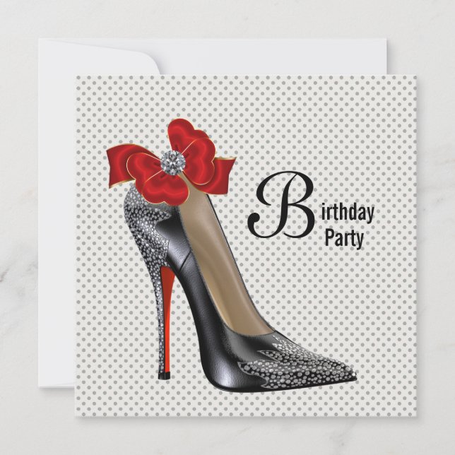Polka Dot Red Black High Heel Shoe Birthday Party Invitation (Front)