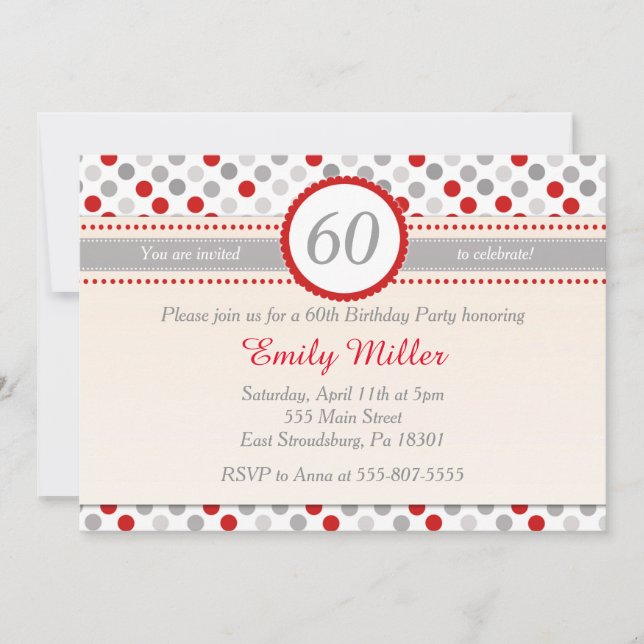 Polka Dot Red Grey Adult Birthday Party Invitation (Front)