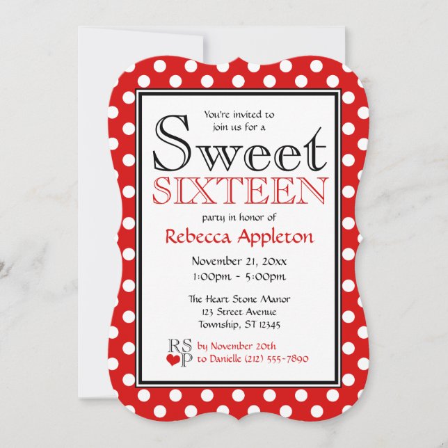 Polka Dot Red & White Sweet Sixteen Invitations (Front)