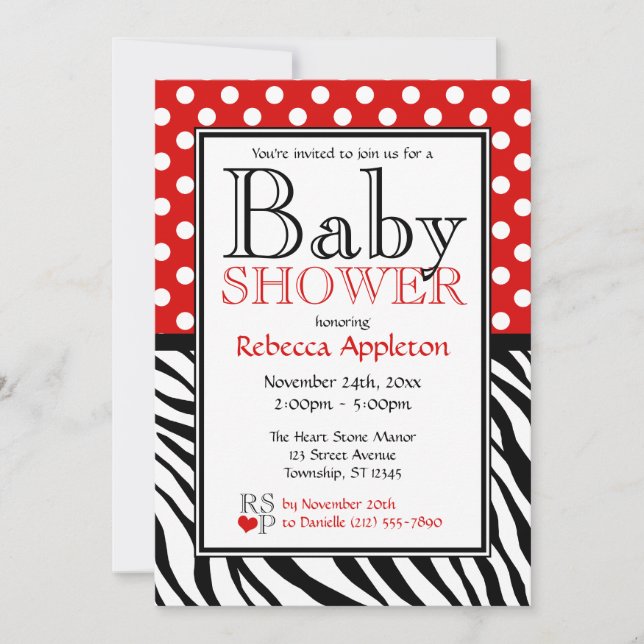 Polka Dot Red & Zebra Print Baby Shower Invitation (Front)