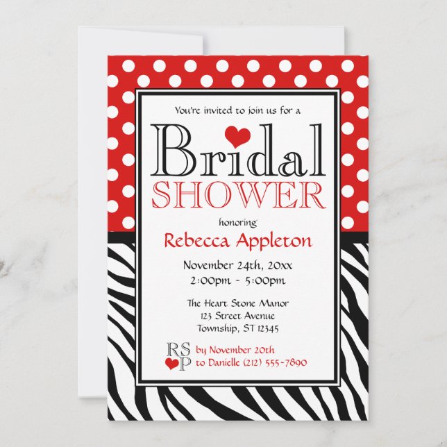 Polka Dot Red & Zebra Print Bridal Shower Invitation (Front)