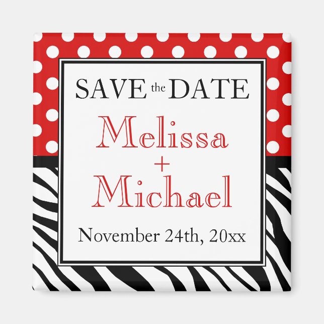 Polka Dot Red Zebra Print Save the Date Magnet (Front)