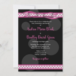 Polka Dot Ribbon Pink Black Wedding Invitation