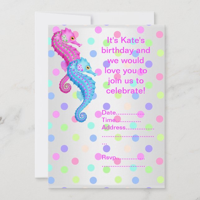 POLKA DOT SEAHORSE PARTY INVITATION silver (Front)