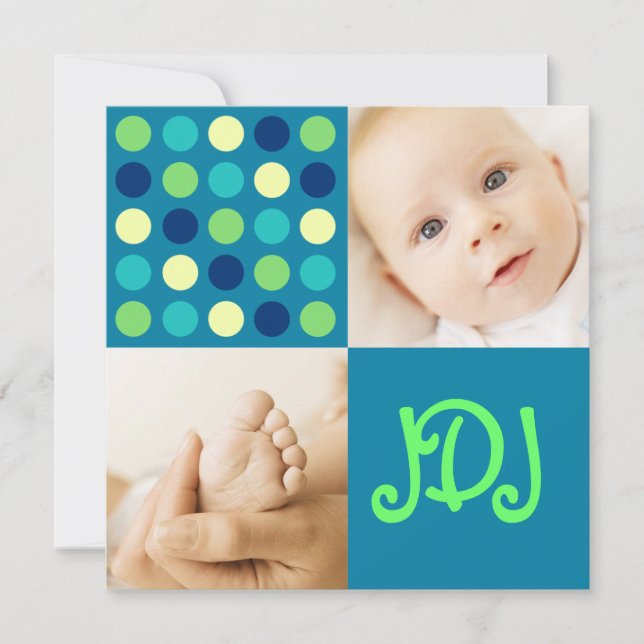 Polka Dot Square Initials Blue Announcement (Front)
