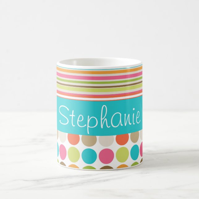 Polka Dot Stripes Custom Name Coffee Mug (Center)