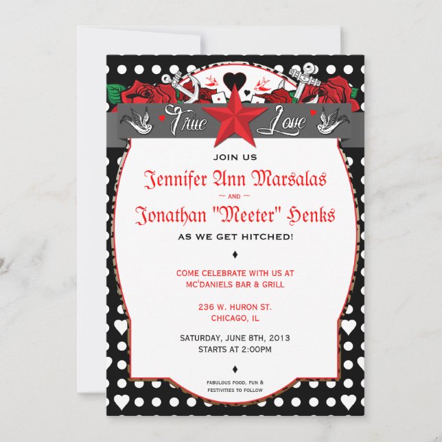 Polka Dot Tattoo Rockabilly Wedding Invitation (Front)