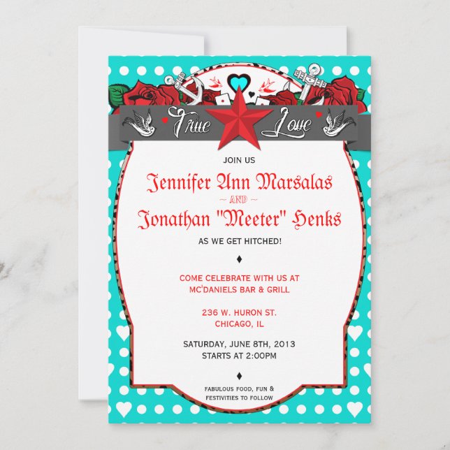 Polka Dot Tattoo Rockabilly Wedding Invitation (Front)