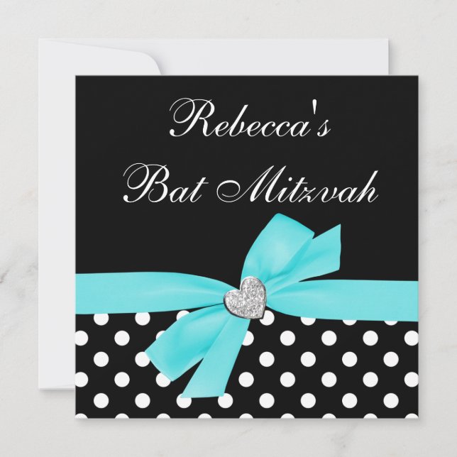 Polka Dot Teal Blue Black Bow Heart Bat Mitzvah Invitation (Front)