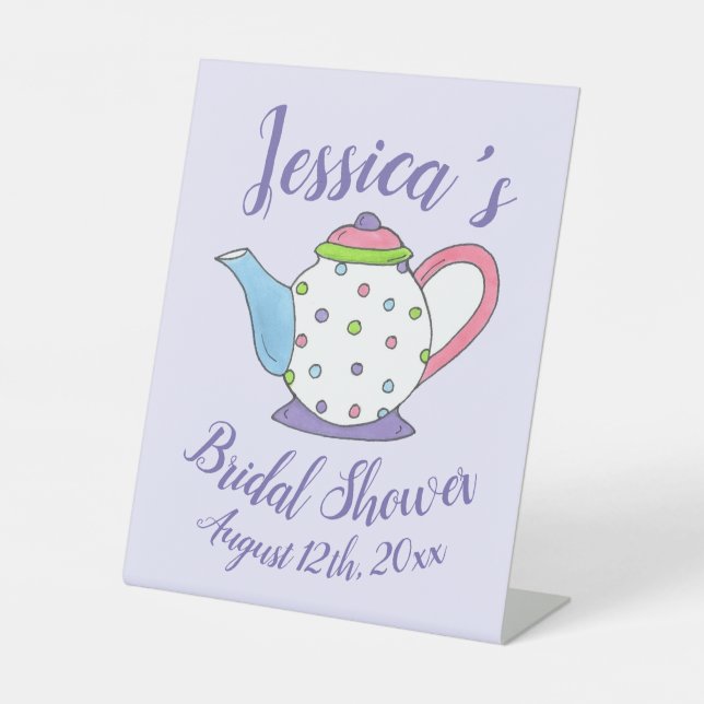 Polka Dot Teapot Afternoon Tea Bridal Baby Shower Pedestal Sign (Front)