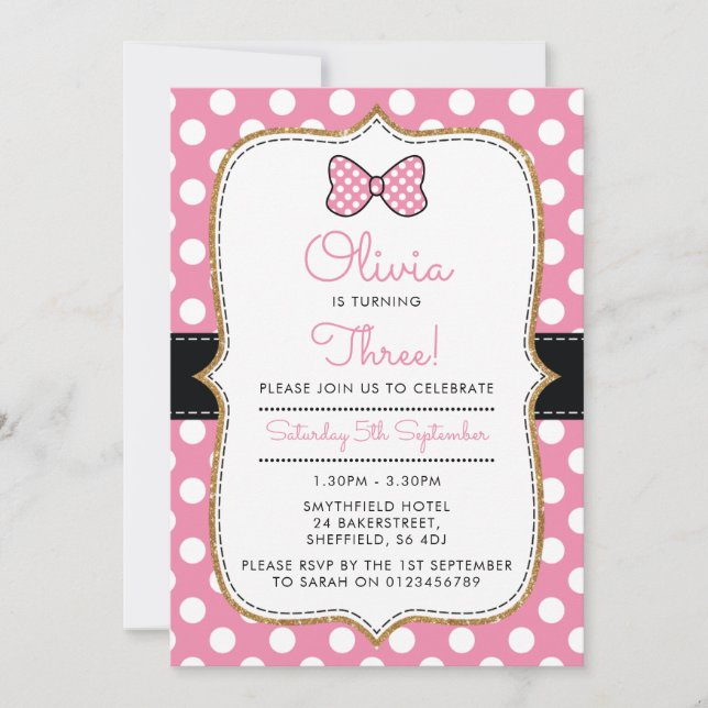 Polka dot themed birthday party invitation (Front)