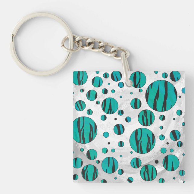 Polka Dot Tiger Black and Teal Print Key Ring (Front)