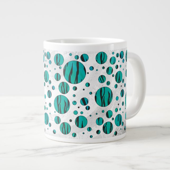Polka Dot Tiger Black and Teal Print Large Coffee Mug (Front Right)