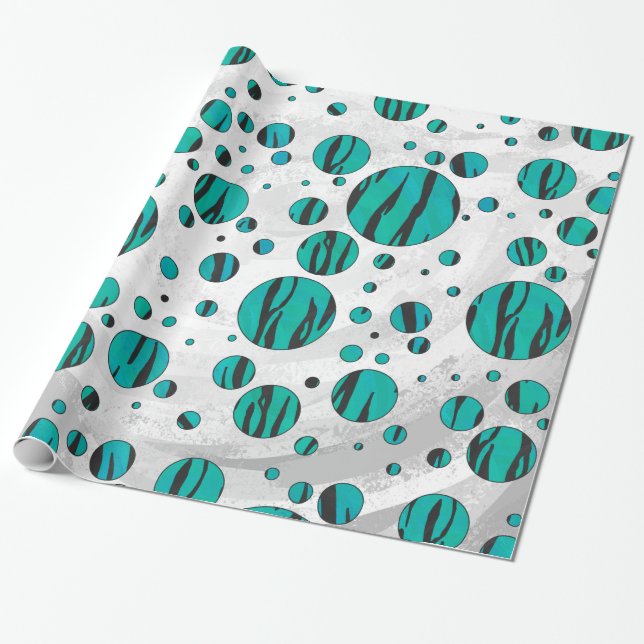 Polka Dot Tiger Black and Teal Print Wrapping Paper (Unrolled)