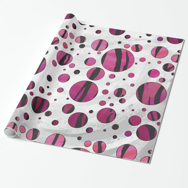 Polka Dot Tiger Hot Pink and Black Print Wrapping Paper (Unrolled)