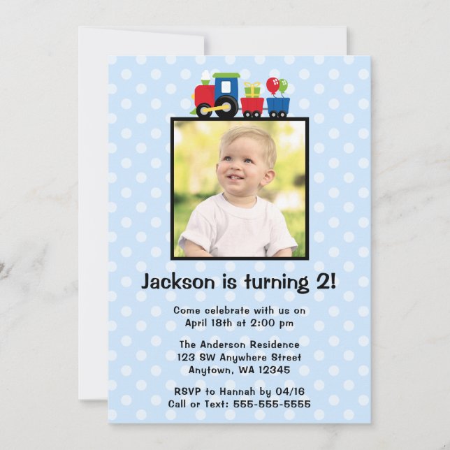 Polka Dot Train Birthday Boy Photo Invitations (Front)