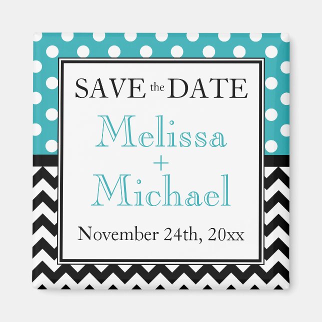 Polka Dot Turquoise & Chevron Save the Date Magnet (Front)