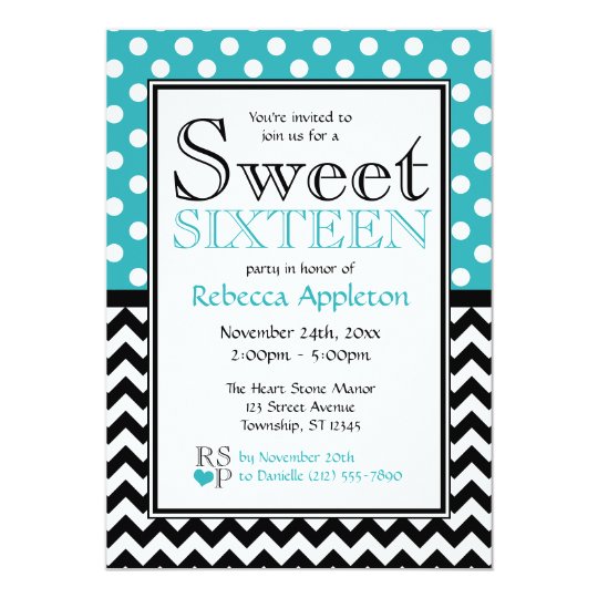 Polka Dot Turquoise & Chevron Sweet Sixteen Card